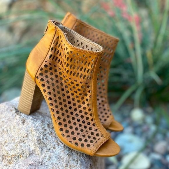 REPORT Women's Perforated Peep Toe Block Heel Booties in Tan - Picture 1 of 7
